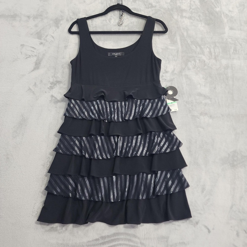 NEW Nine West Dress Womens 8 Black Sequin Tiered Ruffled Tank Sleeveless Party‎